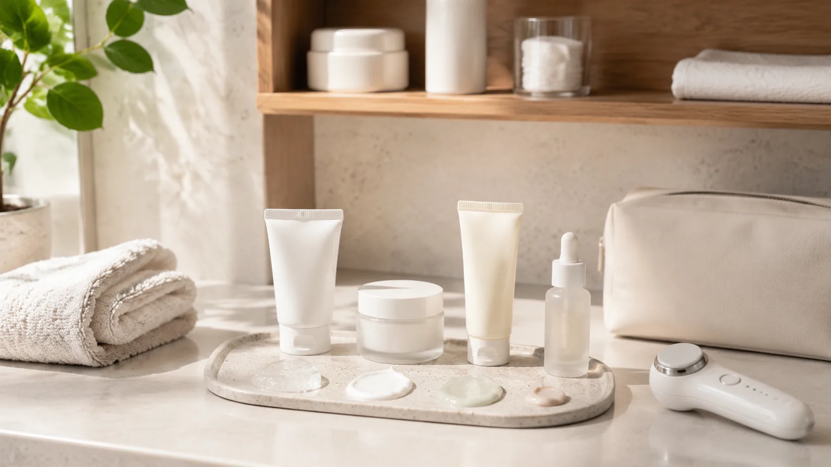 Four unlabeled skincare containers and a white handheld device beside folded towels and a beige toiletry bag.