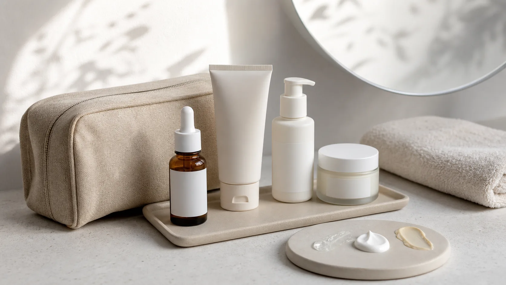 Unlabeled skincare bottles, a tube, and a cream jar arranged beside a toiletry bag and folded towel.