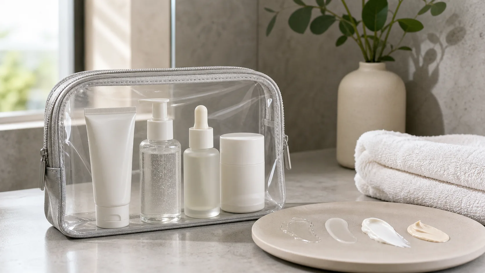 Four unlabeled skincare containers inside a clear zippered bag beside folded towels and a plate with four product textures.
