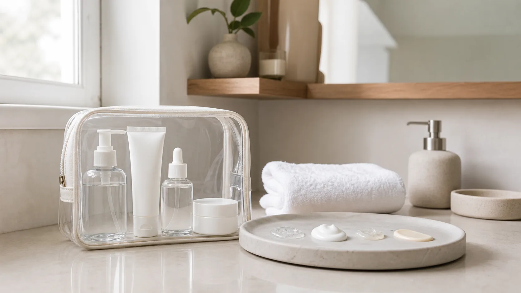 Four unlabeled skincare containers inside a clear toiletry bag beside folded towels and a tray of product textures.