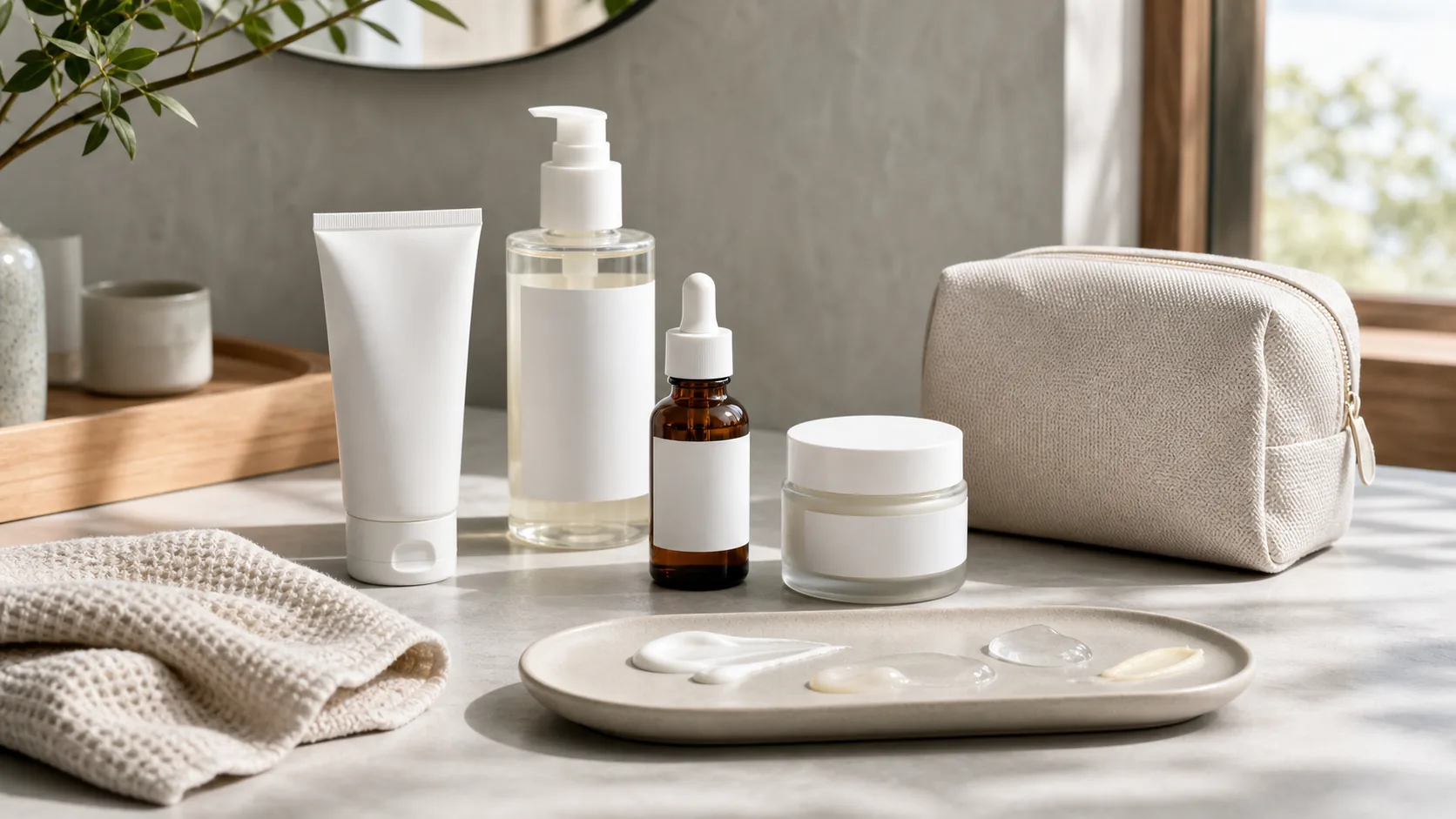 Amber dropper bottle, cream jar, folded cloth, and skincare textures arranged in soft daylight.