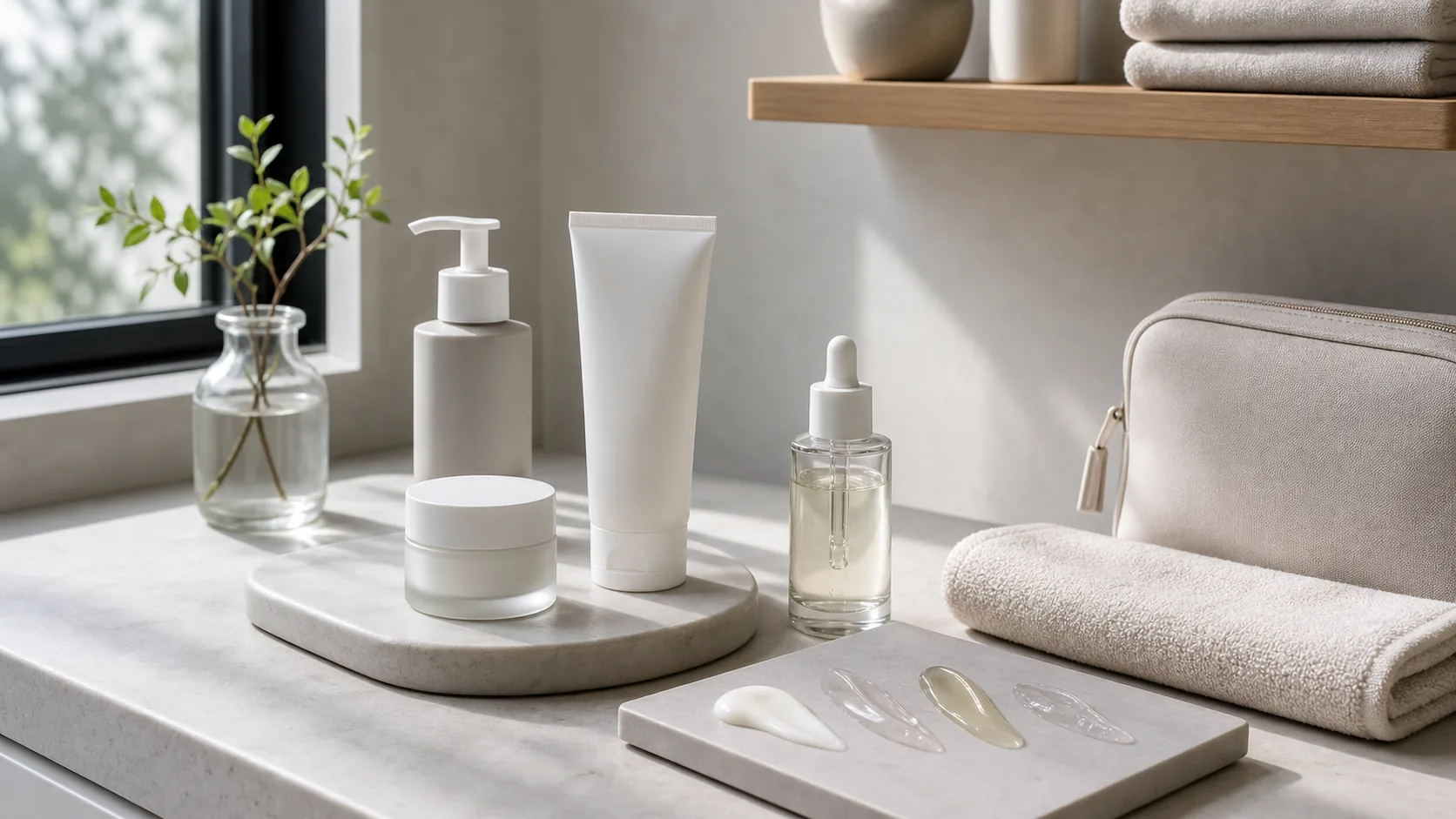Unlabeled skincare tubes, bottles, a jar, and product textures arranged on a light stone counter.