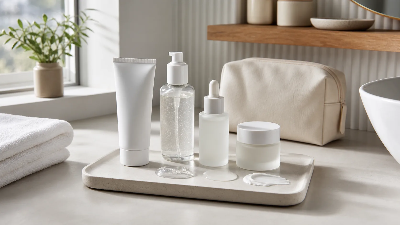 Four unlabeled skincare containers and three product textures on a tray beside folded towels and a toiletry bag.