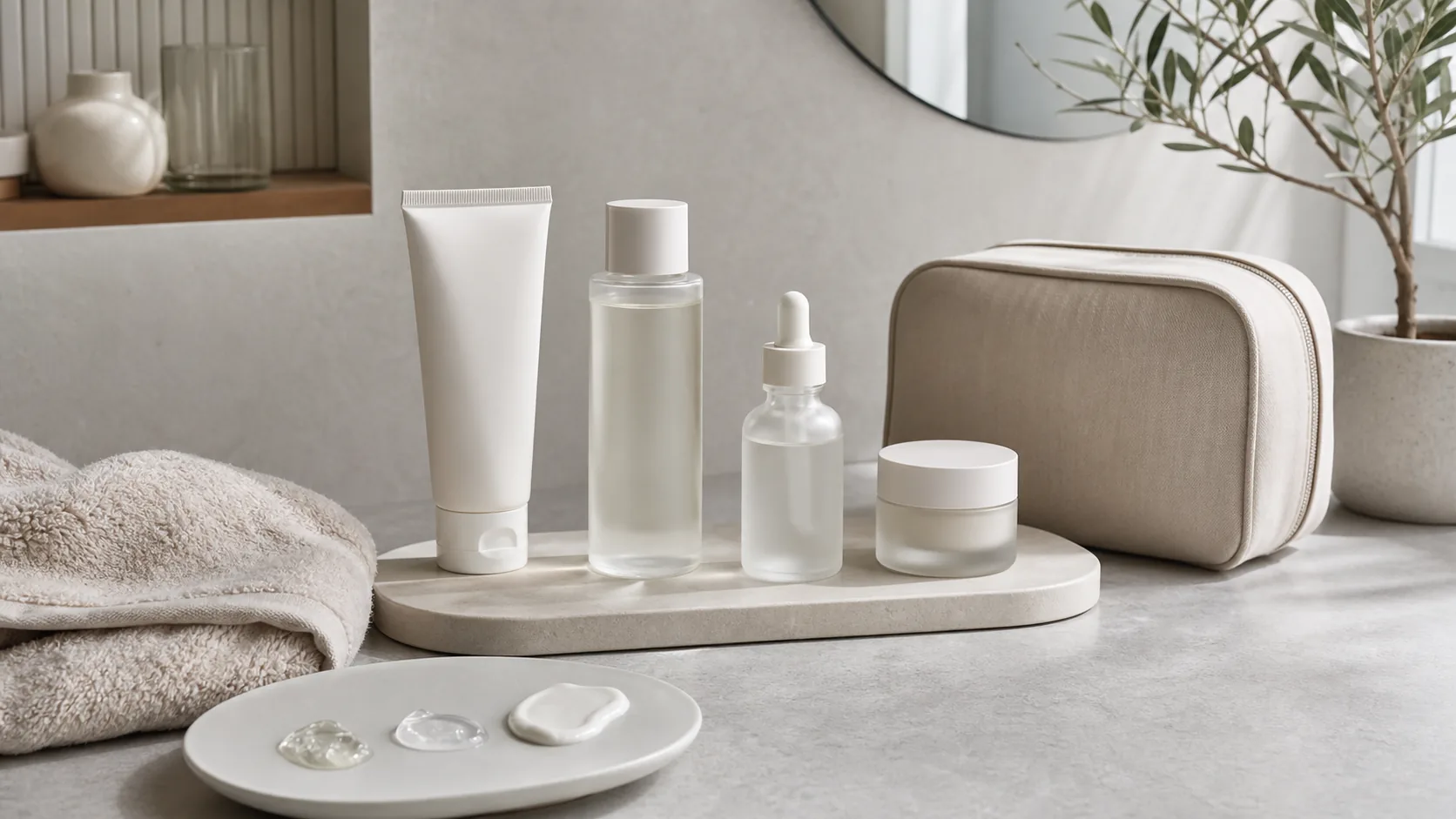 Four unlabeled skincare containers beside folded towels, a toiletry bag, and three product textures on a dish.