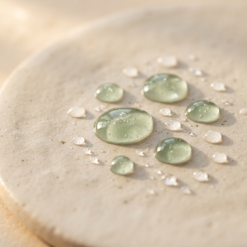 Calming sage-green transparent gel drops and water droplets