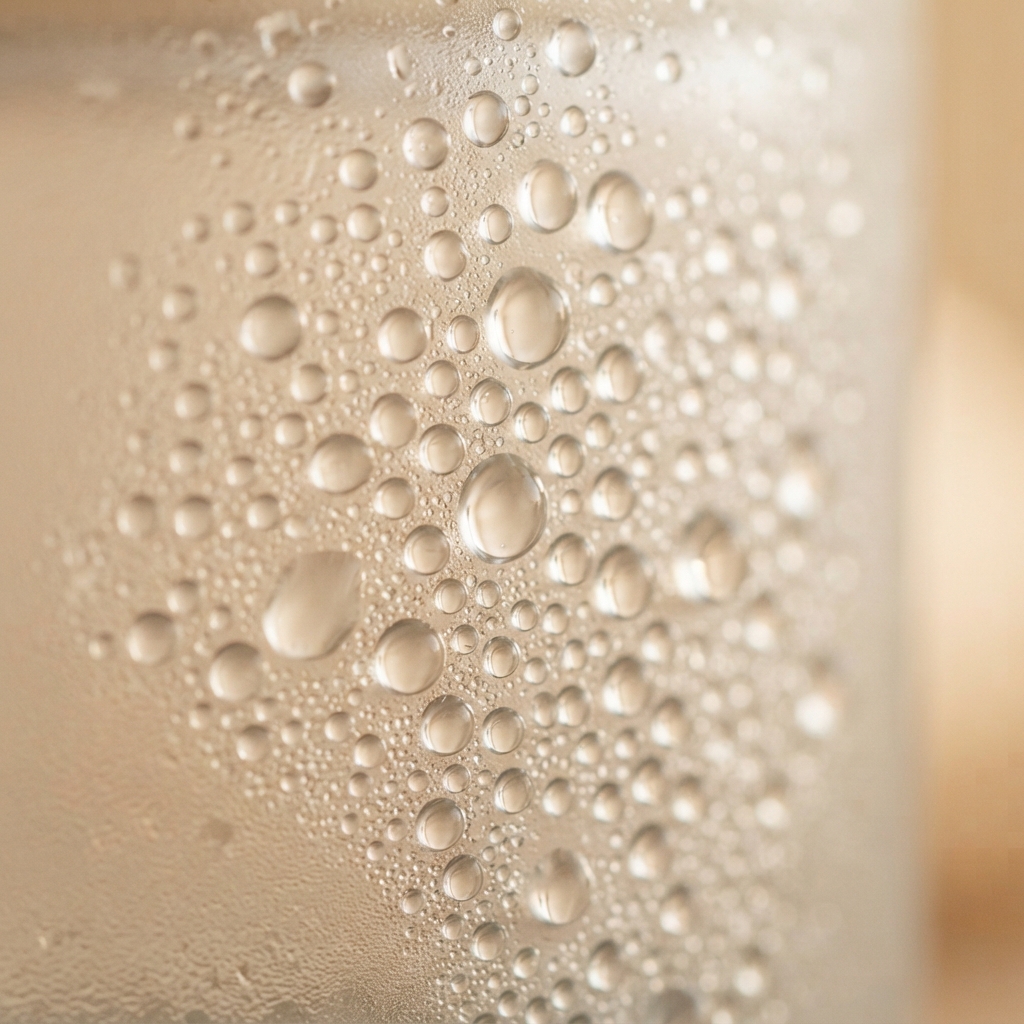 Hydrating moisture beads on frosted glass