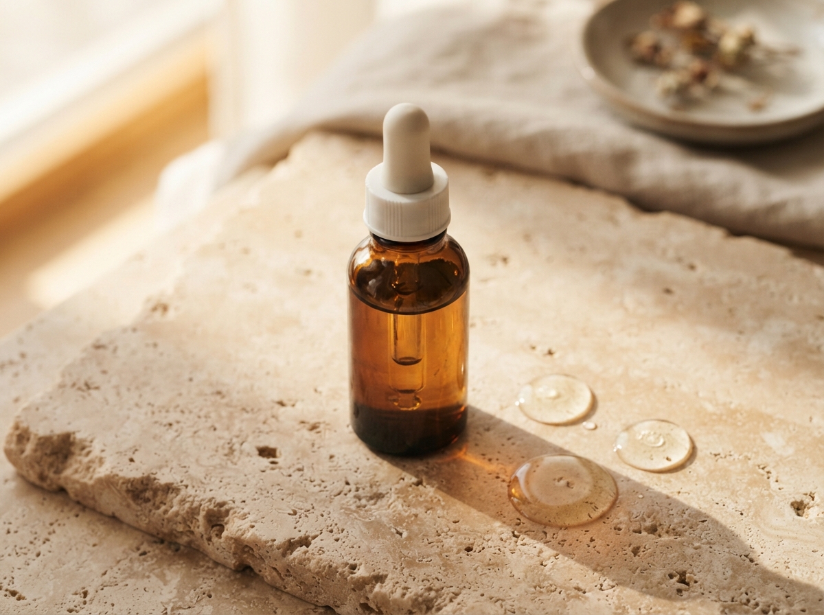 Glass dropper bottle and gentle liquid serum drops on warm stone surface