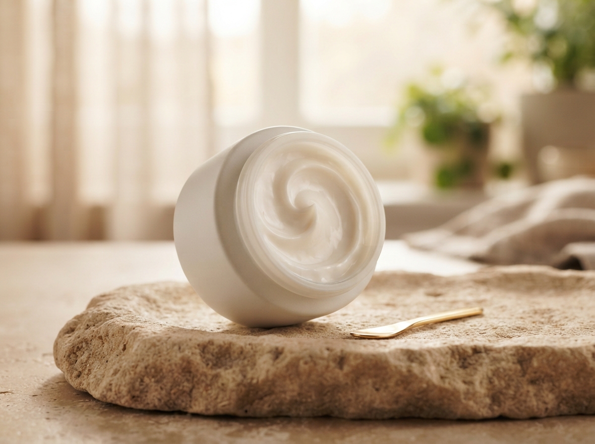 Open luxury white cream jar tilted on raw sandstone tray with smooth cream swirl