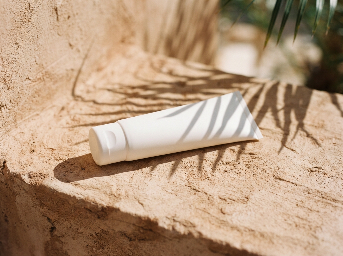 Unbranded white SPF lotion tube laying flat on warm textured plaster surface with crisp palm shadow