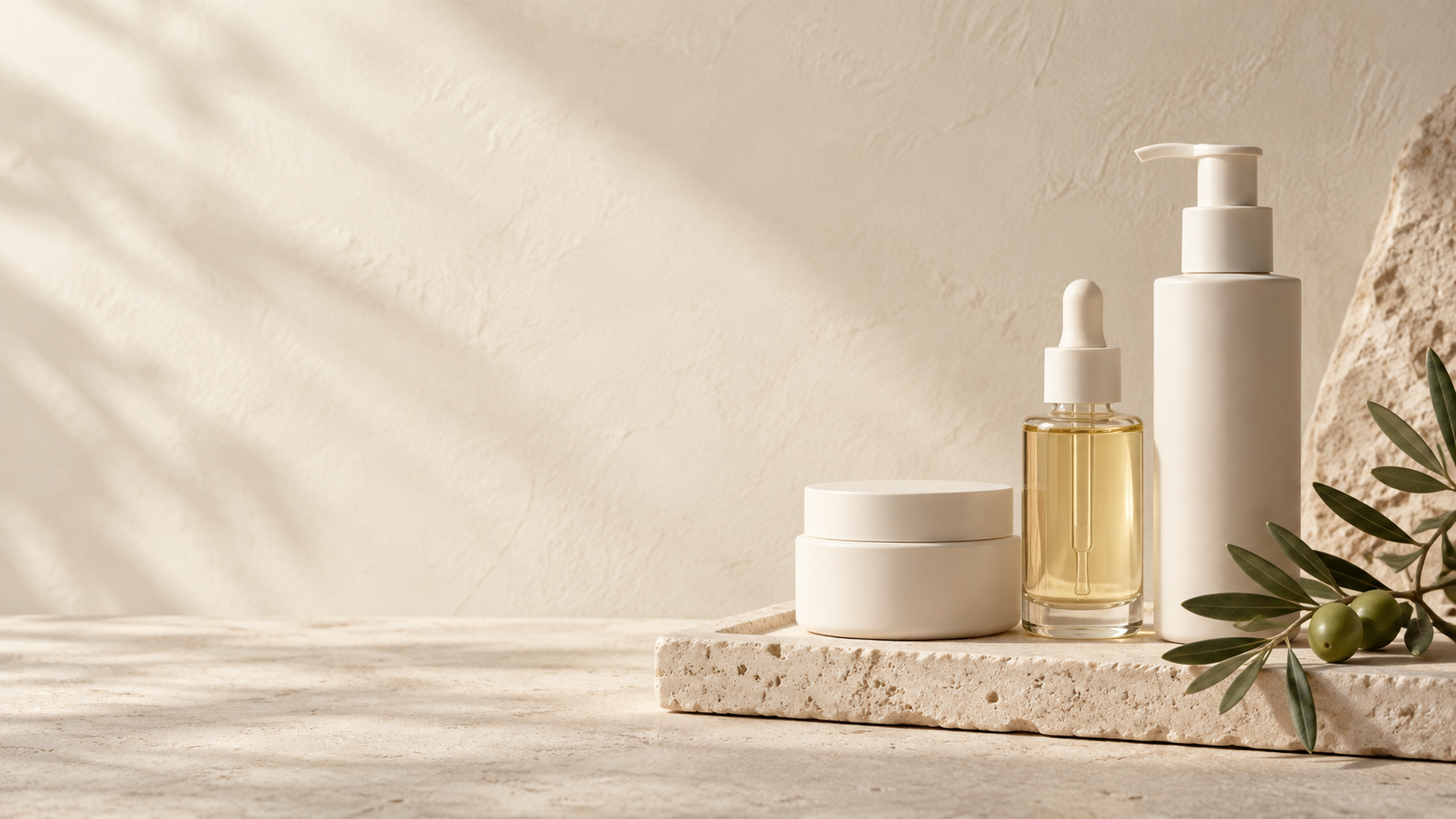 SkinPlain pure skincare bottles, cream jar, and olive branch still life on travertine stone