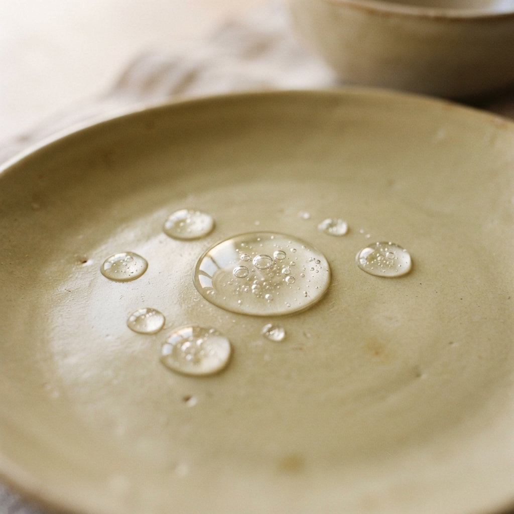 Clear liquid active serum droplets with air bubbles on light olive ceramic plate