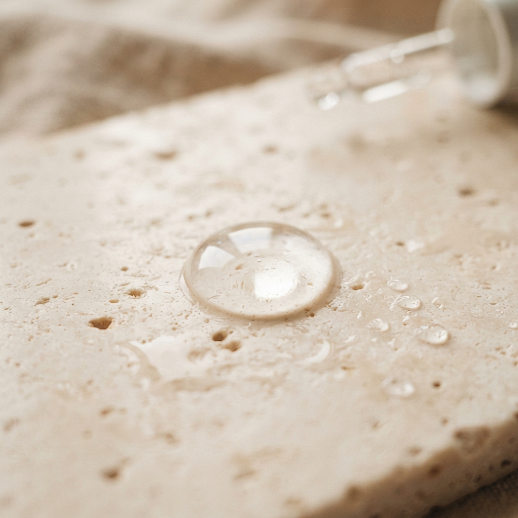 Macro shot of pure hyaluronic acid serum drop reflecting soft light on travertine surface