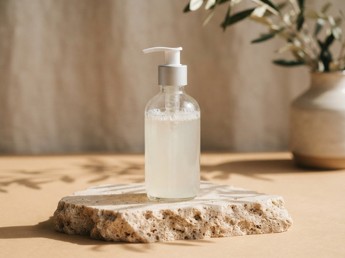 Minimalist unbranded clear glass pump bottle filled with gentle facial cleanser on travertine stone