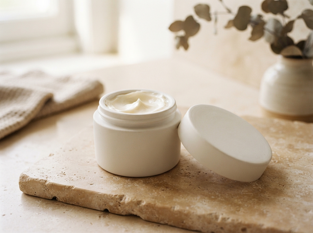 Minimalist unbranded matte white ceramic moisturizer jar with lid beside it on limestone slab