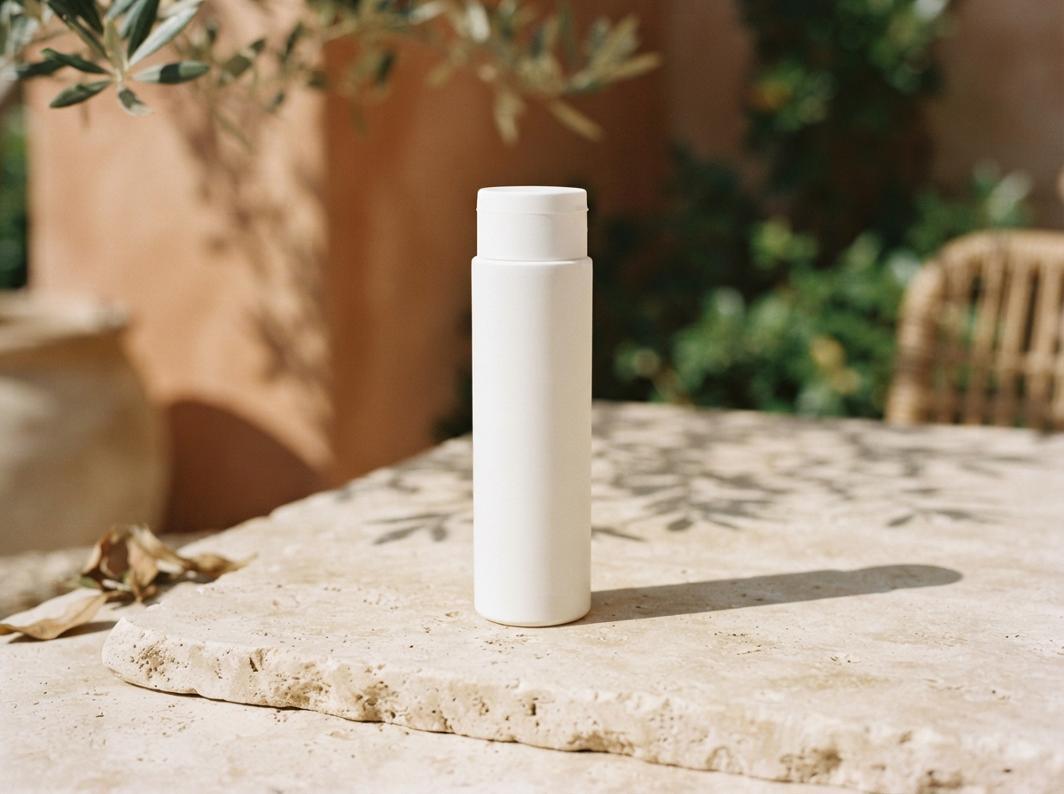 Minimalist unbranded matte white sunscreen tube standing upright on natural stone
